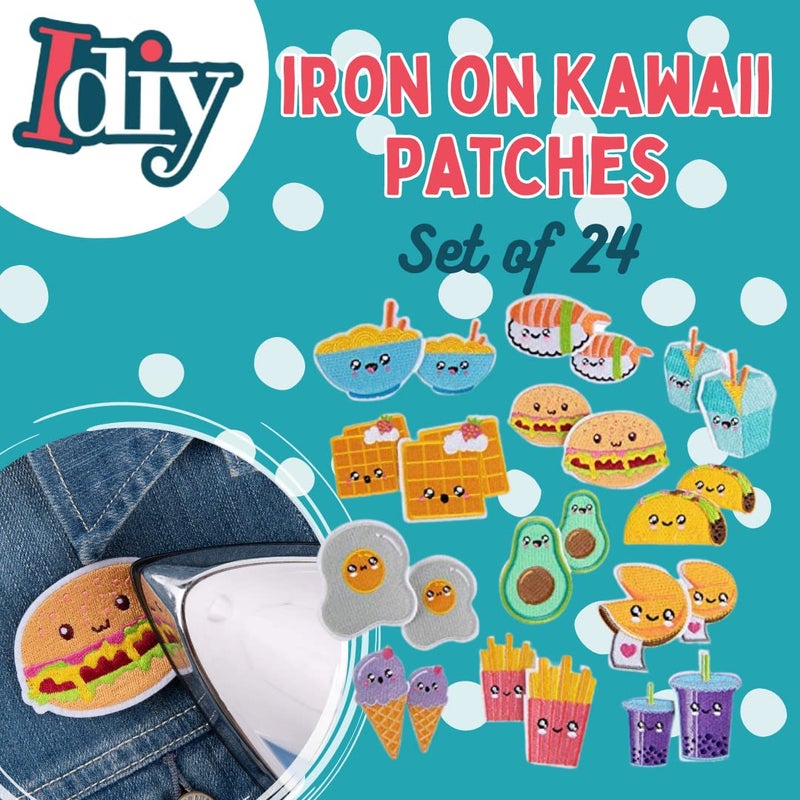 SCS Direct iDIY Kawaii Iron-on Cute Animals in Food Patches (24 Pack) - 2 of Each Design (Large 2.5" and Small 2") - Sew On Patch Craft Kit for Clothing, Accessories & School Supplies, Sewing, Arts Crafts, Gifts - Image 1